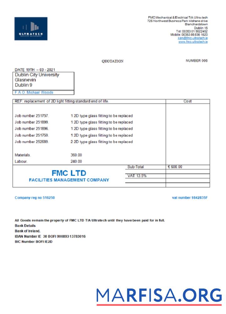 Realistic Ireland Ultratech Pvt Ltd invoice sample